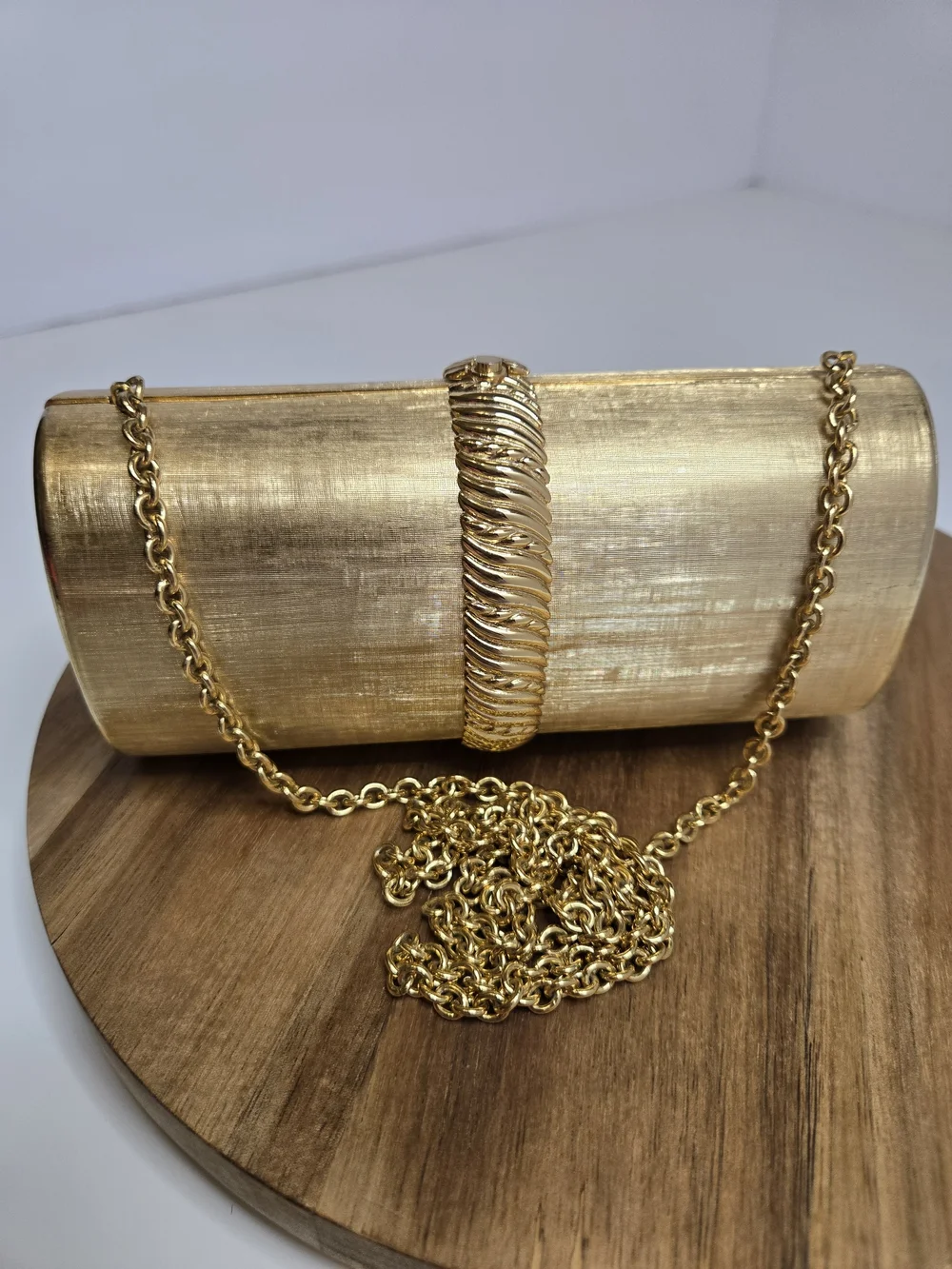 Rodo Gold Metallic Cylinder Clutch with Chain